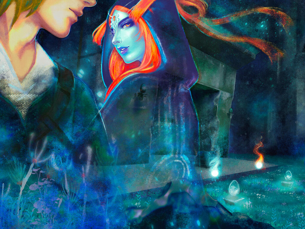 An image of Midna looking at Twilight Princess Link, their ghosts waiting for the Link in Tears of the Kingdom to collect the legacy of the Twilight Tunic in the Depths.