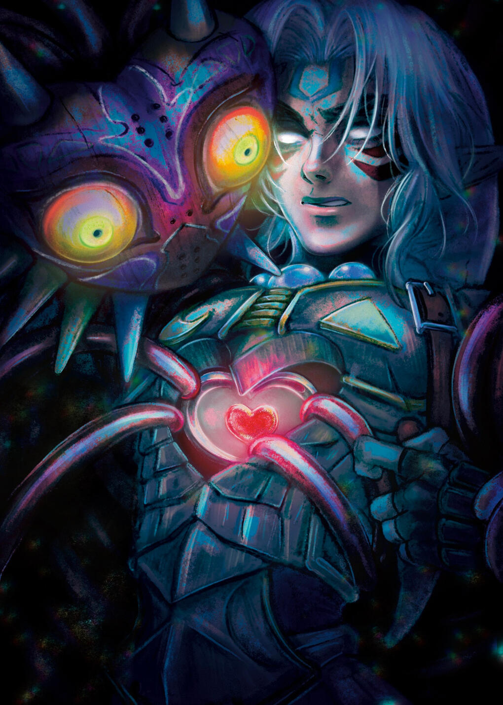 Fierce Deity’s chest is open to reveal a heart piece floating inside. The heart-shaped mask of Majora peers inside ominously.