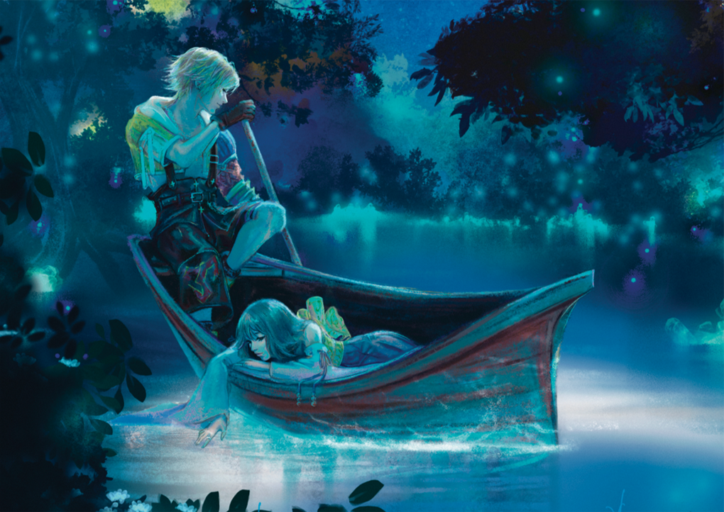 On a Lake in Macalania, Tidus rows Yuna on the water in a small boat. She reaches her hand down to dip her fingers into the moon's reflection.