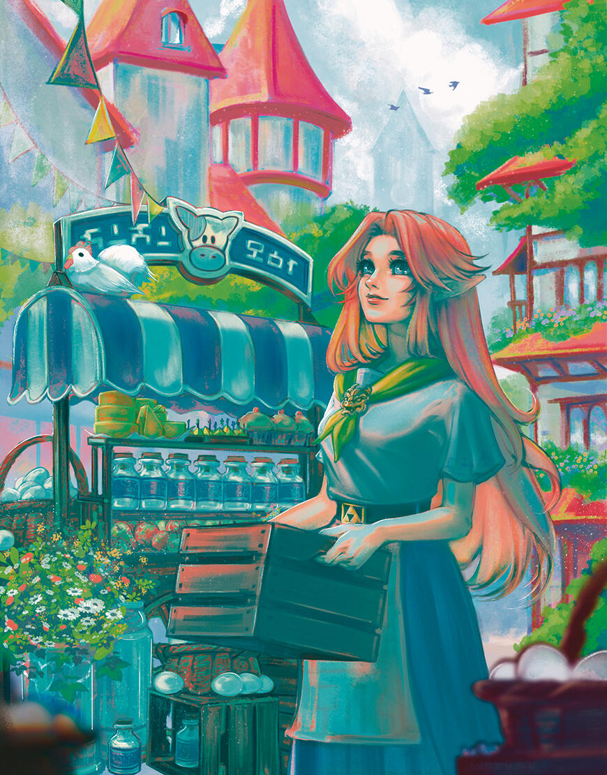 Malon from Ocarina of Time is setting up a stall in the market of Castle Town to sell milk and other wares from Lon Lon Ranch. It is very early in the day and she is feeling the serene peace that comes with the empty cobblestone streets.
