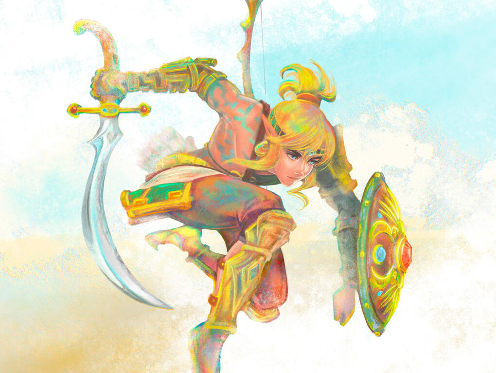 An image of Link from Tears of the Kingdom. He's wearing the Voe Armor set. Time seems to have slowed down for him in a Flurry Rush —and there is a sense of ultimate focus.
